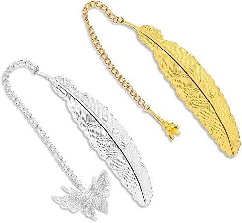 2 Pack Bookmarks Metal, Feather Bookmarks with Pendant, Gifts for Adults and Kids,Perfect Kids Office School Reading and Gifts and Collections(Gold and Silver Feather)