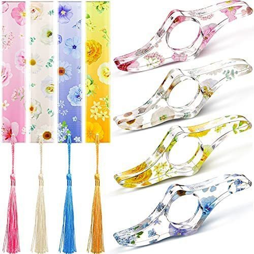 8 Pieces Flower Acrylic Bookmarks Book Page Holder Floral Bookmarks with Colorful Tassels Thumb Ring Page Holder Transparent Page Holders for Reading Students Teachers Book Lovers Women