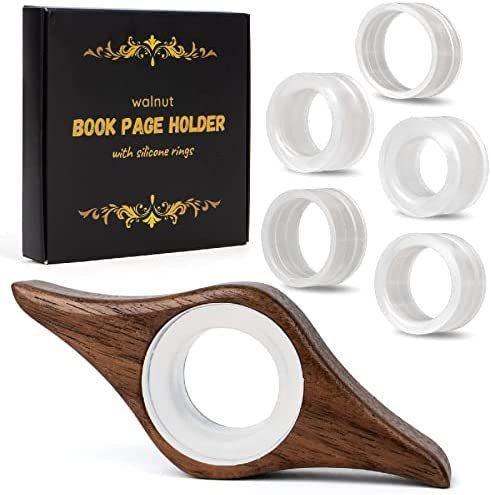 DELONIAL Book Page Holder with 5 Adjustable Rings, Handmade Natural Walnut Thumb Bookmark for Keep Book Open