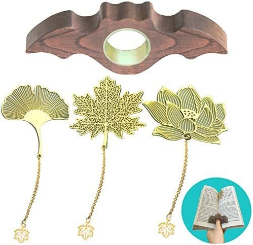 4 Pieces Bookmarks，Handmade Thumb Wooden Walnut Book Page Holder with Golden Ring，Bat Wing Design，3 Pieces Metal Bookmarks with Chain，Golden Hollow Design, Book Reading Accessories (Medium)