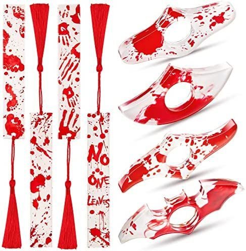 8 Pcs Acrylic Blood Bookmark with Tassels Bloodstain Page Spreader Page Holders for Reading Thumb Reading Ring Gifts Book Reading Accessories for Student Teacher Reader Bookworm Book Lover