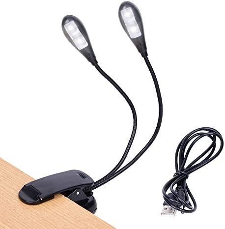 Music Stand Light, Clip on LED Book Lights, USB and AAA Battery Operated, Reading Lamp in Bed, 4 Brightness Levels, Ideal for Bookworms, Piano Player, Kids, Travel (Dual Arm)