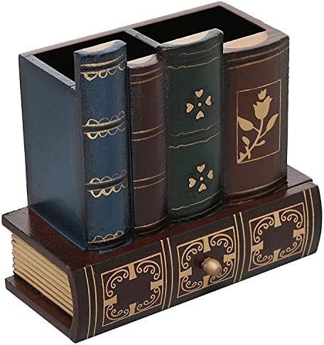 MyGift Decorative Desk Organizer Caddy, Pencil and Pen Holder with Bottom Storage Drawer and Antique Library Books Design