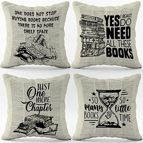 (RB) Book Lover Flannel Throw Pillow Case, 18 x 18 Inch Set of 4, Book Club Decor, Reading Nook Decor,  Gifts Bookish, Librarian, Bookworm, Bookaholic, Reading Corner Cushion Cover for Sofa Couch Bed