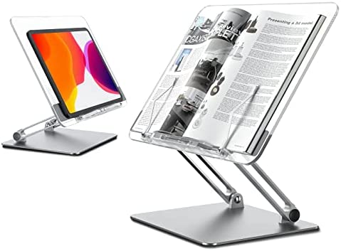 SupeDesk Acrylic Book Stand,Book Display Stand,Laptop Stand Transparent,Foldable,for Book/Tablet/Ereader/Laptop,Retractable Page Clips,Height&Angle Adjustable,Reading,Studying,Cooking,WFH