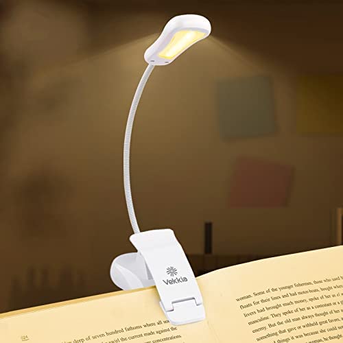 Vekkia 3000K Warm LED Rechargeable Book Light, Easy for Eyes, Clip on Reading Lights for Reading in Bed, Car & Travel, Lightweight Slim 2.1 oz. Perfect for Readers & Kids (Elegant White)
