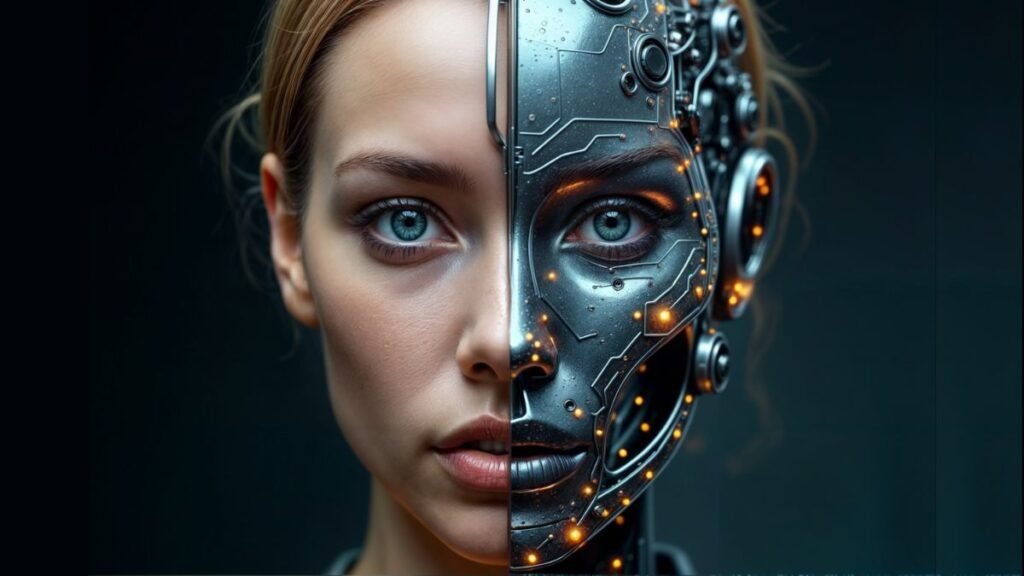 A human face divided between flesh and circuits: Half of a human face represents a real human, with skin and natural features, while the other half shows a robotic structure, full of circuits and lights.